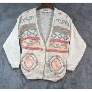 Vintage Huntington Ridge Cardigan Sweater Medium Knitted by Hand Ivory Floral